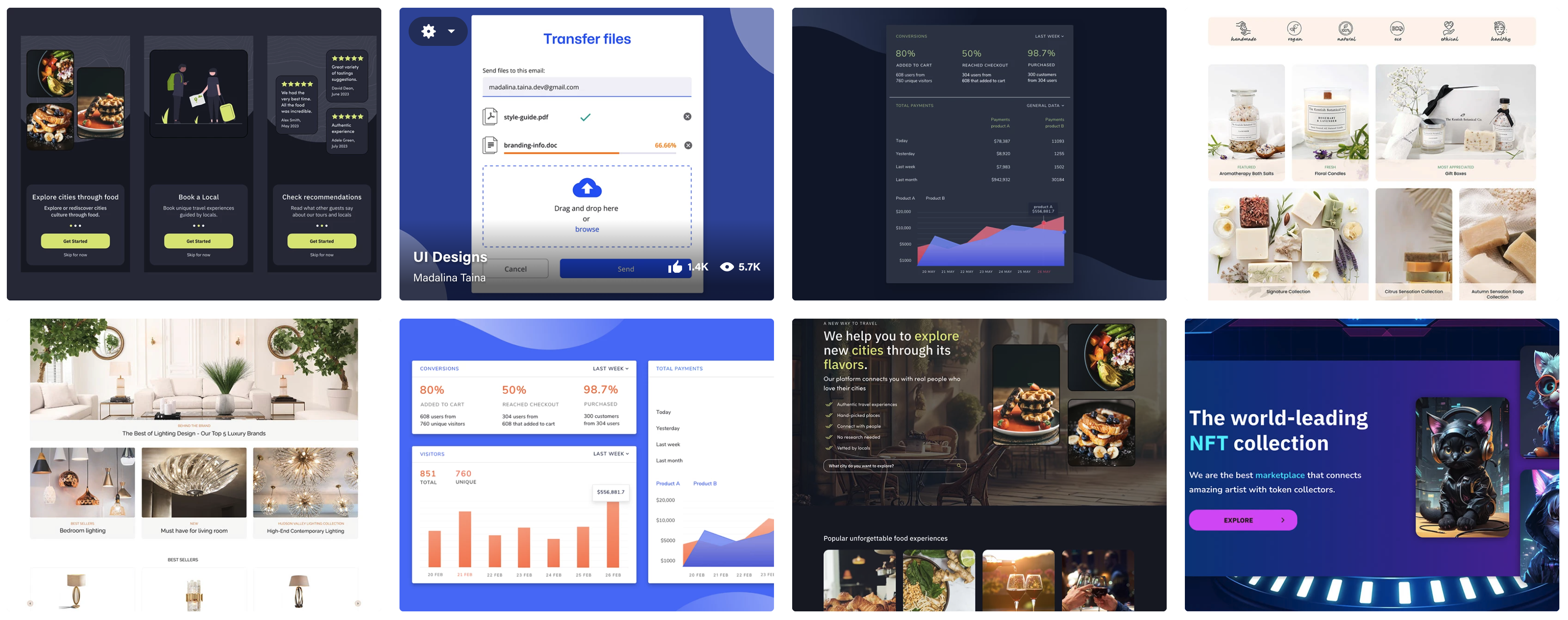 Selection of UI projects: a food travel mobile app, a file transfer screen, an analytics dashboard, online stores and an NFT collection landing page